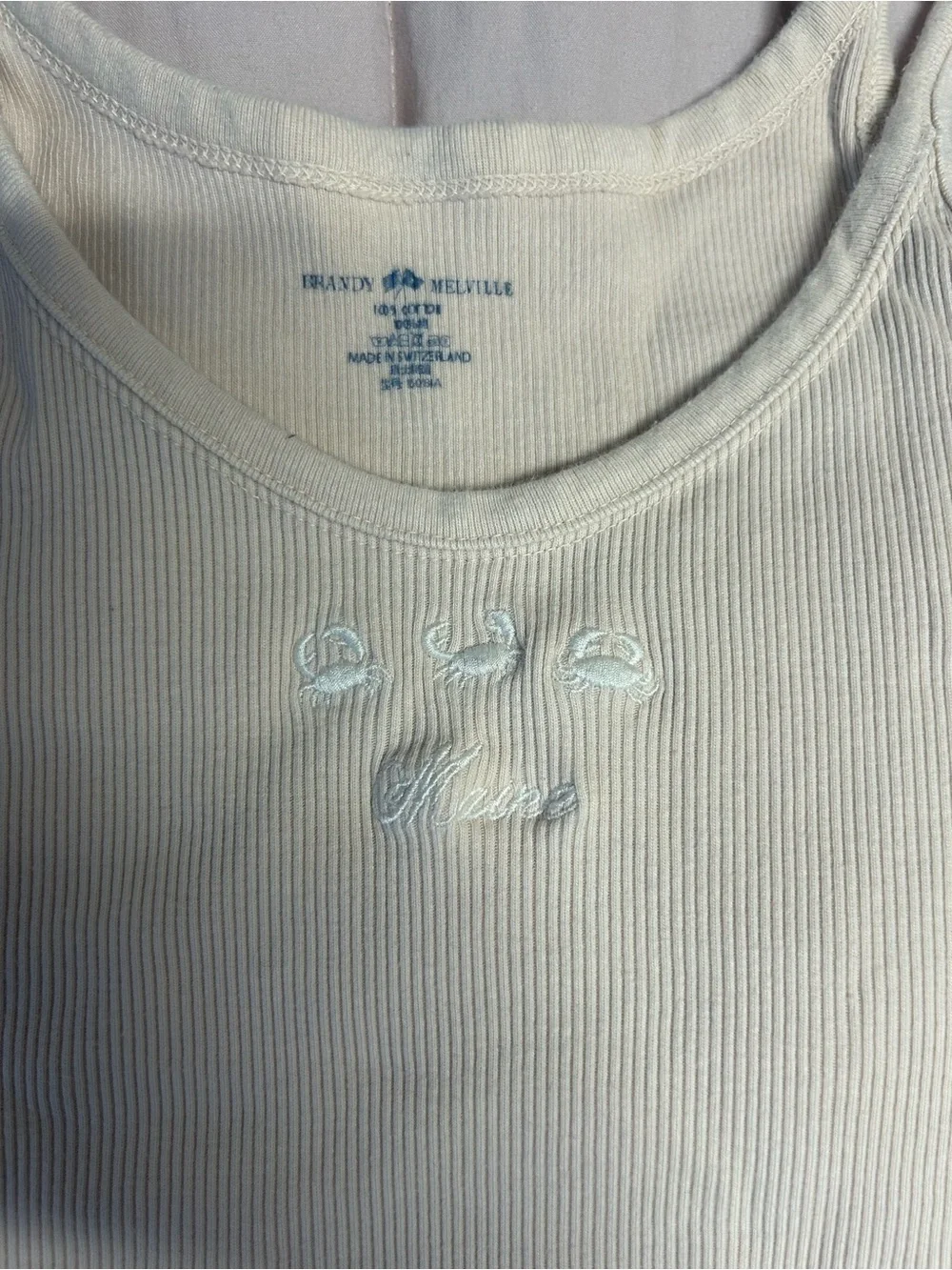 Brandy Melville Cream Ribbed Tank with Subtle Embroidery - Picture 4 of 5